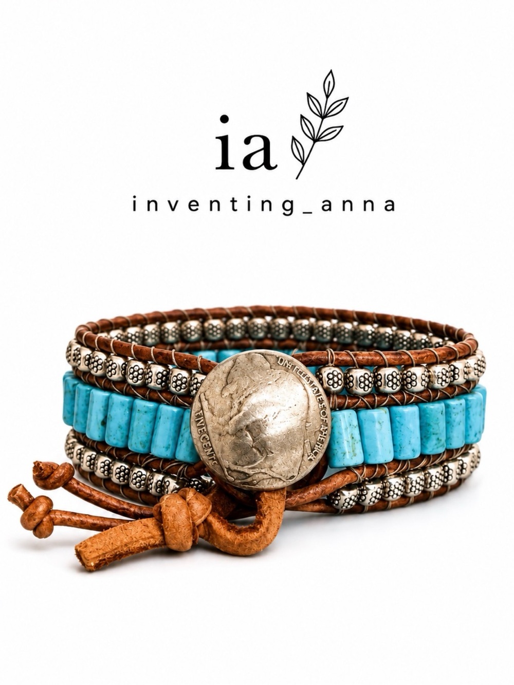 HANDCRAFTED Genuine Turquoise Beaded Bracelet w/Leather Buffalo Head Nickel